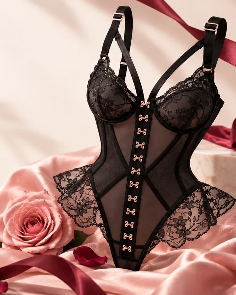 Body de encaje negro sobre satín rosa, con una rosa y cintas color vino